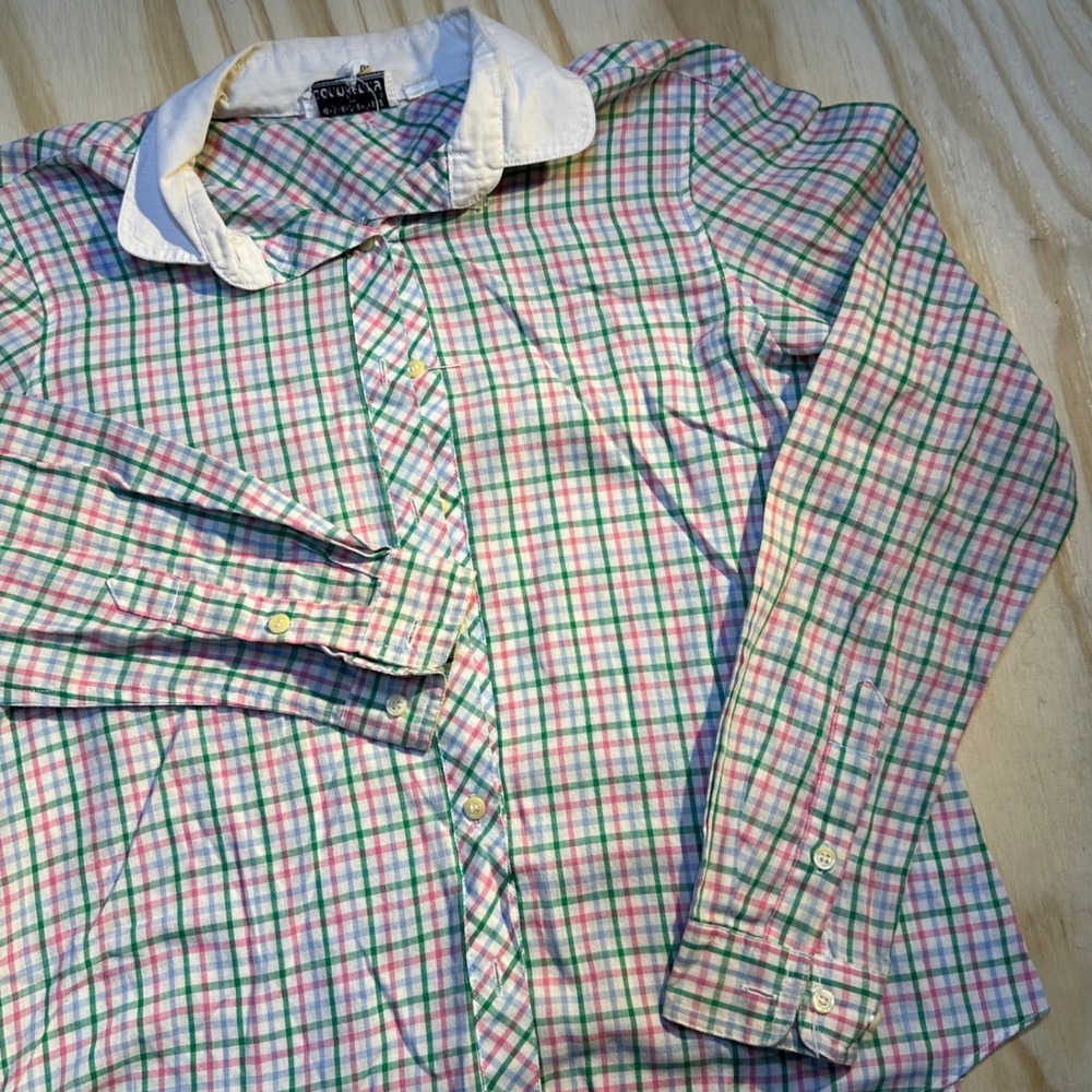 Vintage Donnkenny Womens 10 Plaid Button Down Shirt Pink Green Blue White Collar